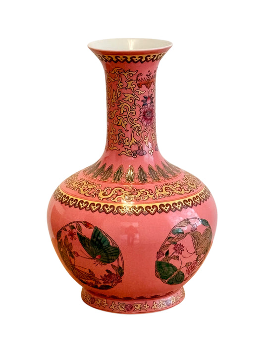 Chinese Famille Rose Pink Butterfly Vase, Qianlong Mark, Gold Accents