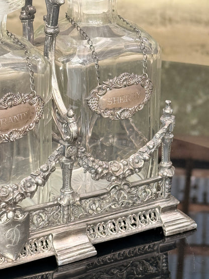 Exceptional Antique Silver-Plated Tantalus Decanter Set with Cut Crystal Bottles | Victorian English Barware, Circa 1880