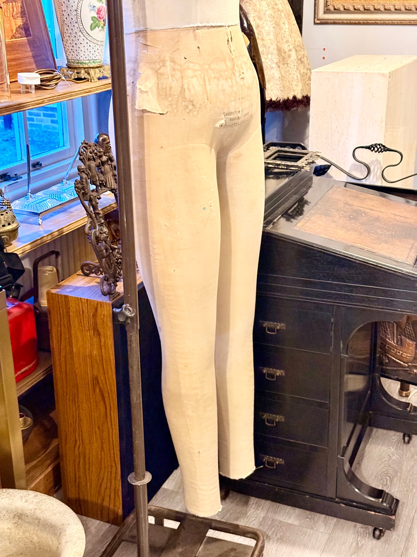 Vintage Kennett & Lindsell Ltd (Est. 1877) Legged Dress Form Mannequin – Cream Linen, Adjustable Stand
