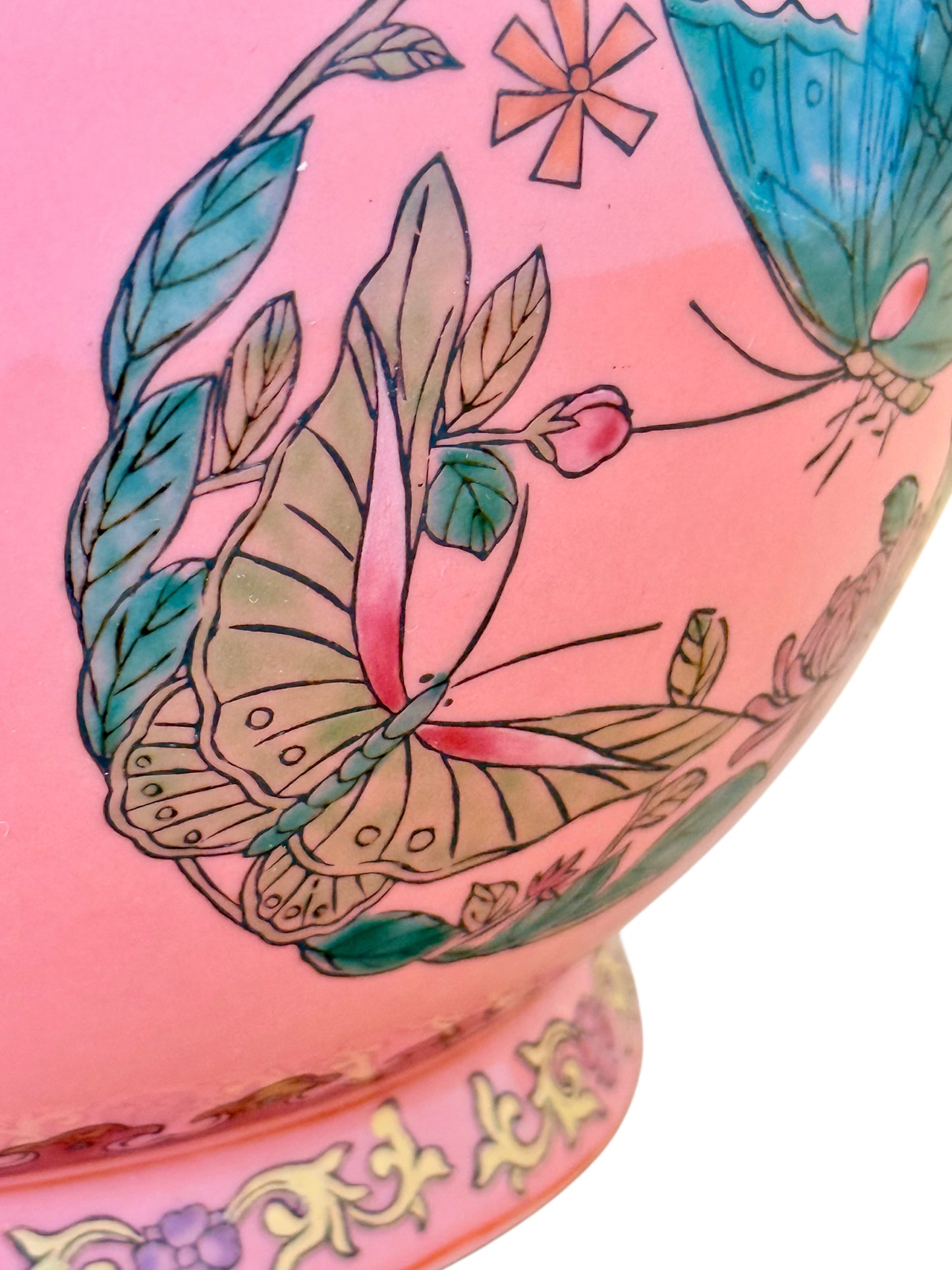 Chinese Famille Rose Pink Butterfly Vase, Qianlong Mark, Gold Accents