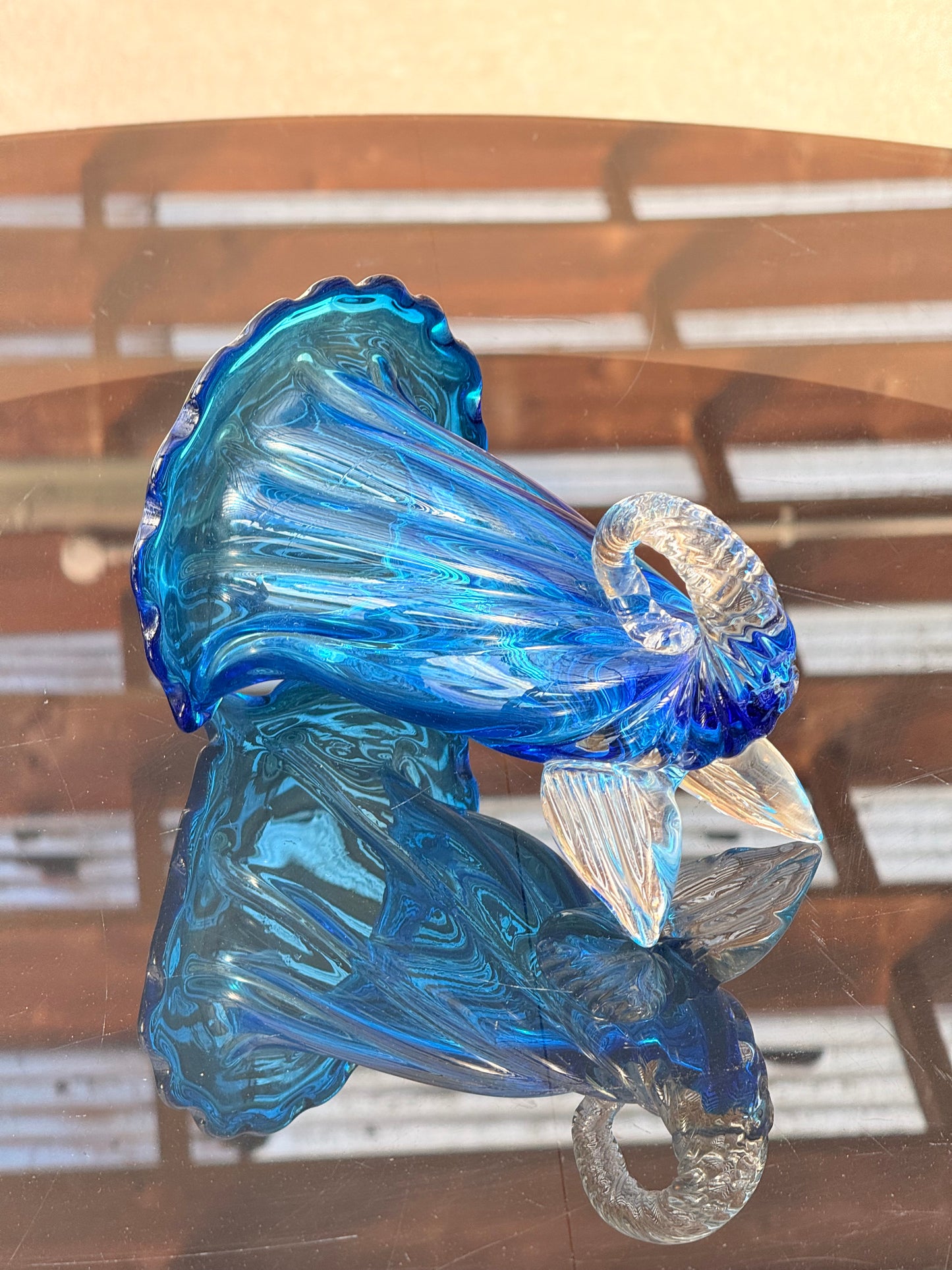 Exceptional Murano Glass Cornucopia Vase – Hand-Blown Italian Art Glass in Blue & Clear | Venetian Luxury Decor