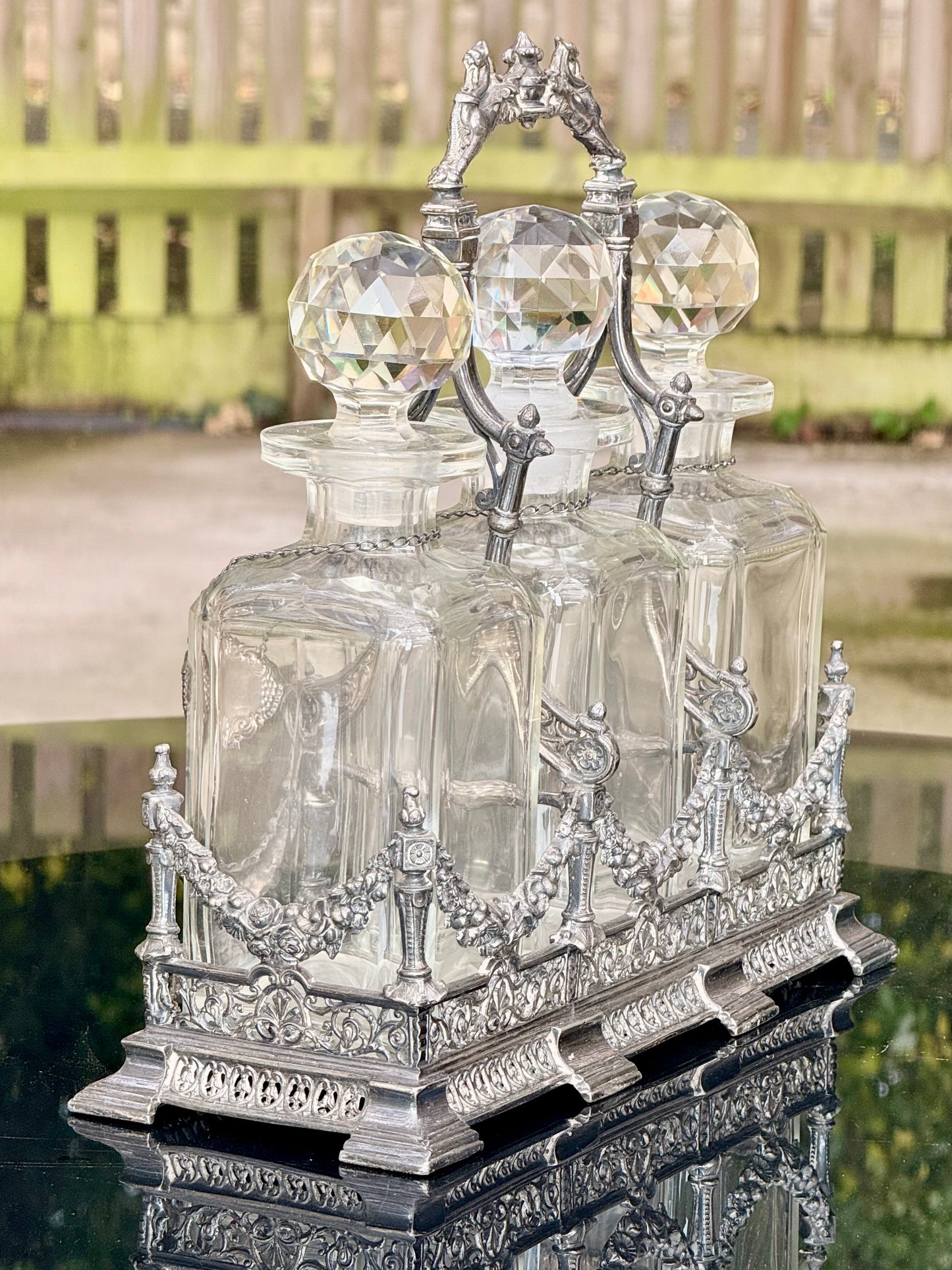 Exceptional Antique Silver-Plated Tantalus Decanter Set with Cut Crystal Bottles | Victorian English Barware, Circa 1880