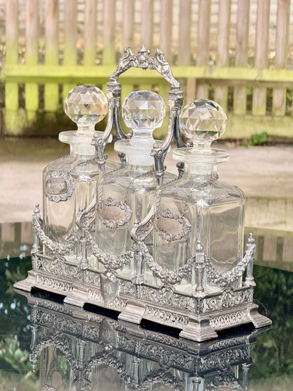 Exceptional Antique Silver-Plated Tantalus Decanter Set with Cut Crystal Bottles | Victorian English Barware, Circa 1880