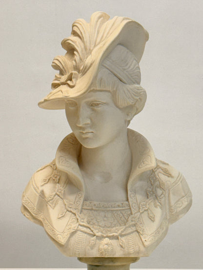 Arnaldo Giannelli 1980 Signed Composite Marble Bust Lady with Plumed Hat - Italian.