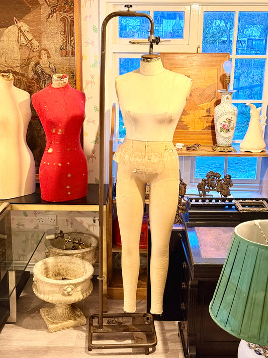 Vintage Kennett & Lindsell Ltd (Est. 1877) Legged Dress Form Mannequin – Cream Linen, Adjustable Stand