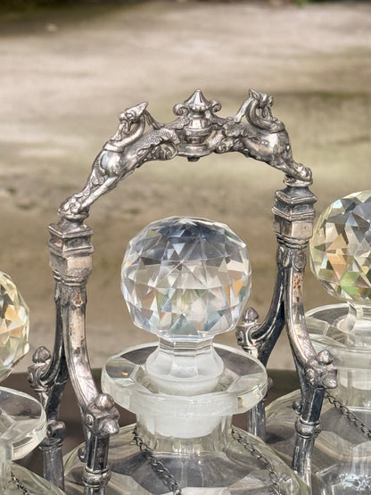 Exceptional Antique Silver-Plated Tantalus Decanter Set with Cut Crystal Bottles | Victorian English Barware, Circa 1880