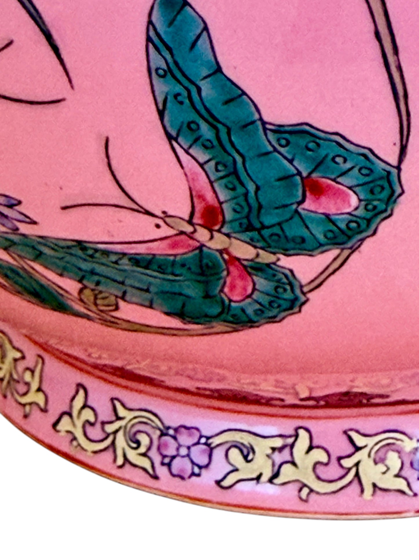 Chinese Famille Rose Pink Butterfly Vase, Qianlong Mark, Gold Accents