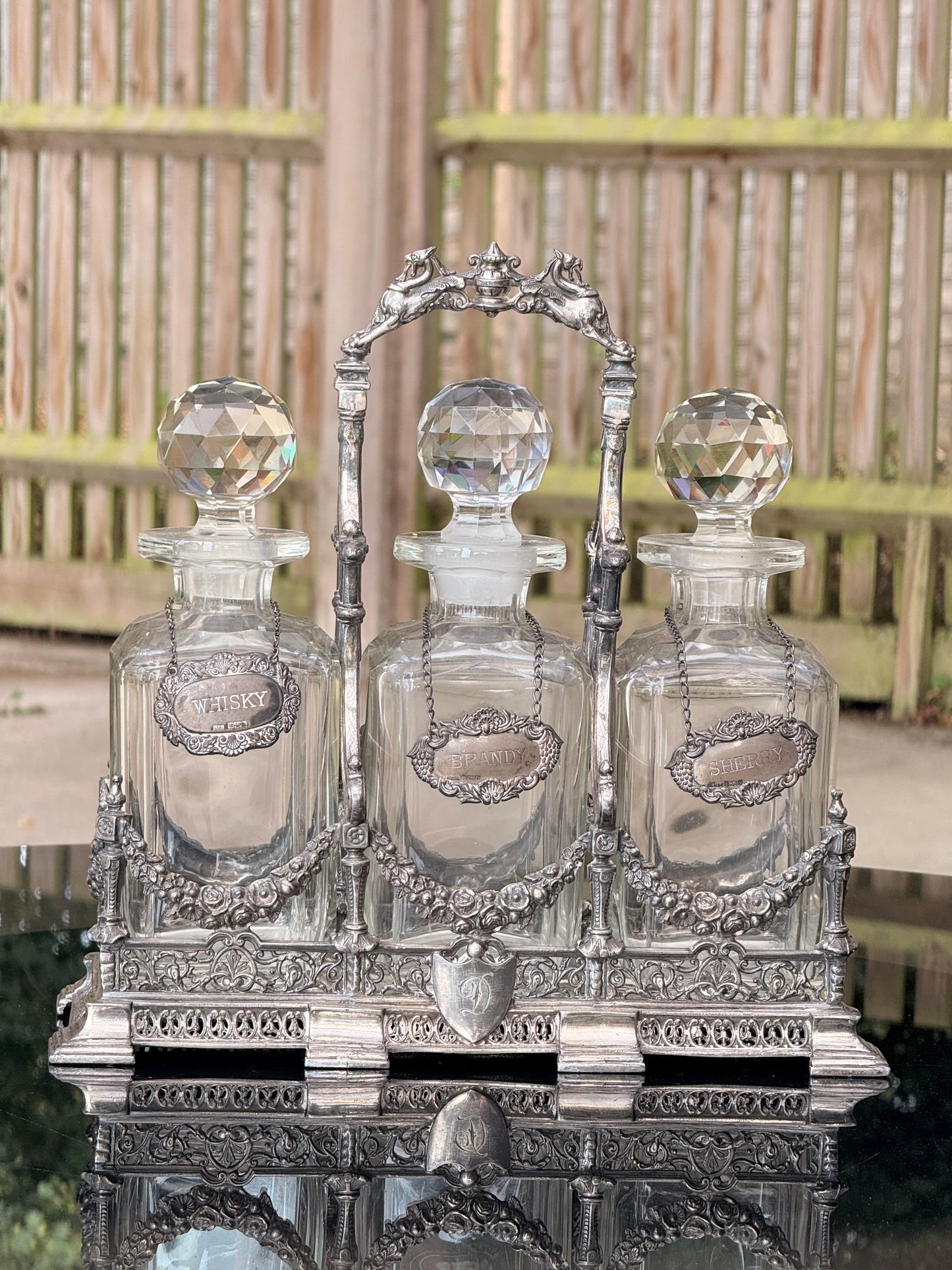 Exceptional Antique Silver-Plated Tantalus Decanter Set with Cut Crystal Bottles | Victorian English Barware, Circa 1880
