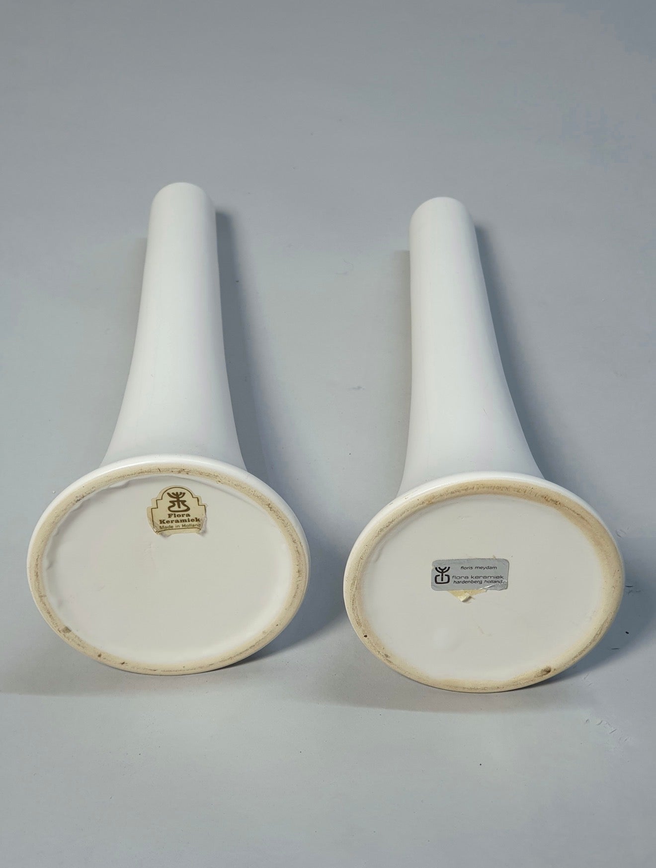 Pair Of Floris Meydam White Ceramic Dutch Mid Century Vases By Flora Keramiek