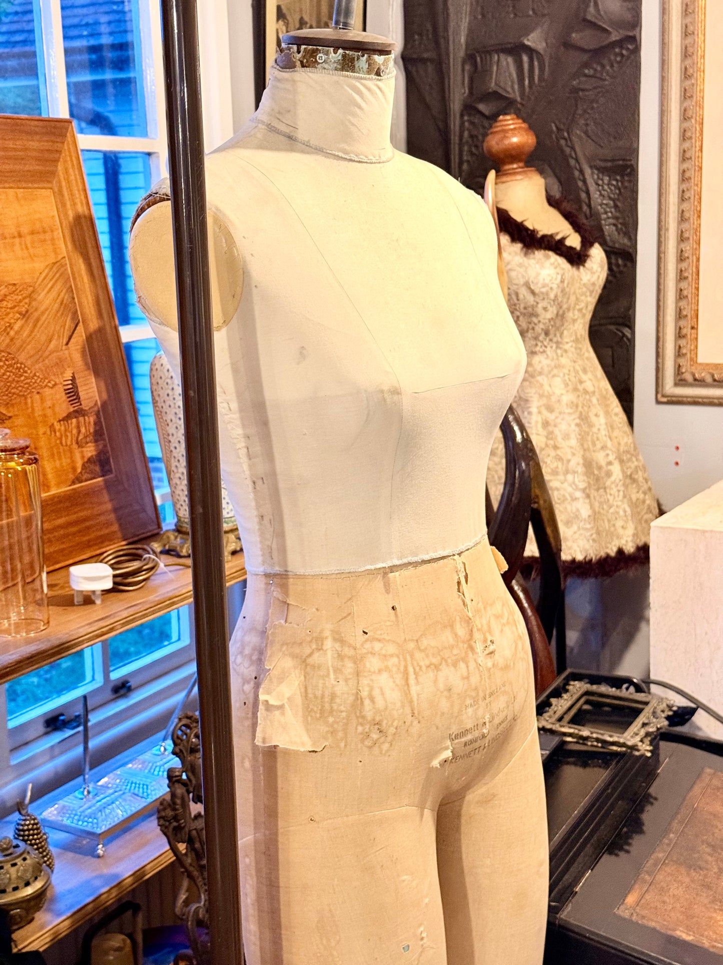 Vintage Kennett & Lindsell Ltd (Est. 1877) Legged Dress Form Mannequin – Cream Linen, Adjustable Stand
