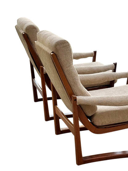 Pair Guy Rogers Virginia Armchairs Afromosia Teak Beige