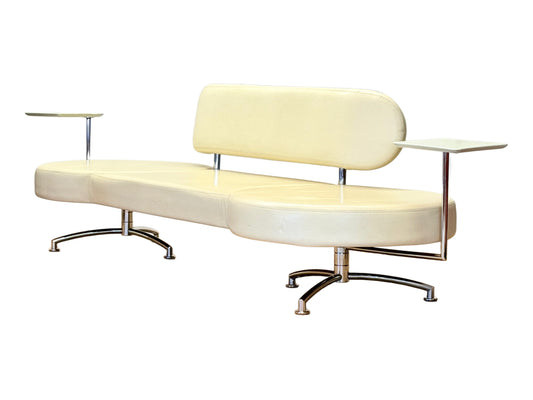 Italian Designer Cream Leather Bench Sofa with Pivoting Tables