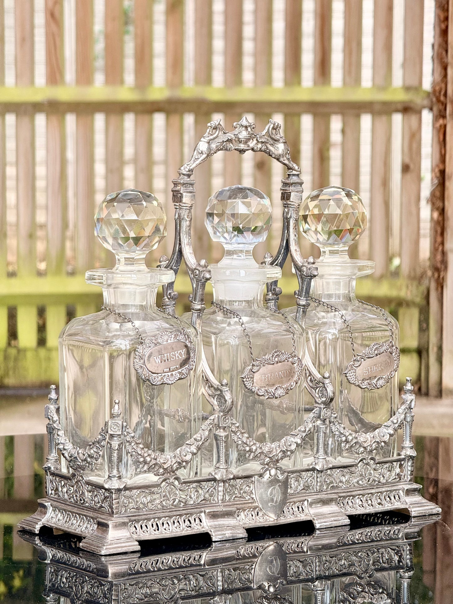 Exceptional Antique Silver-Plated Tantalus Decanter Set with Cut Crystal Bottles | Victorian English Barware, Circa 1880
