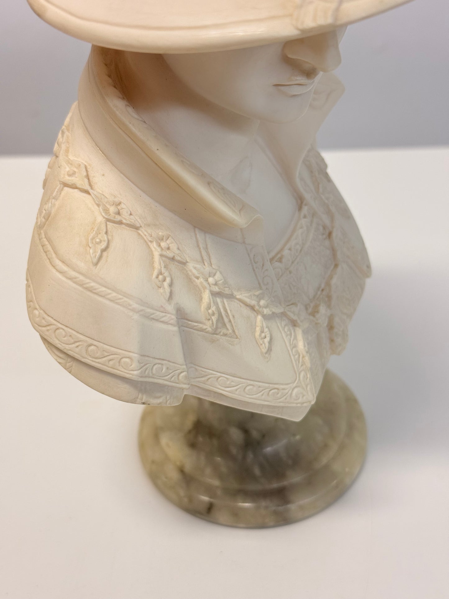 Arnaldo Giannelli 1980 Signed Composite Marble Bust Lady with Plumed Hat - Italian.