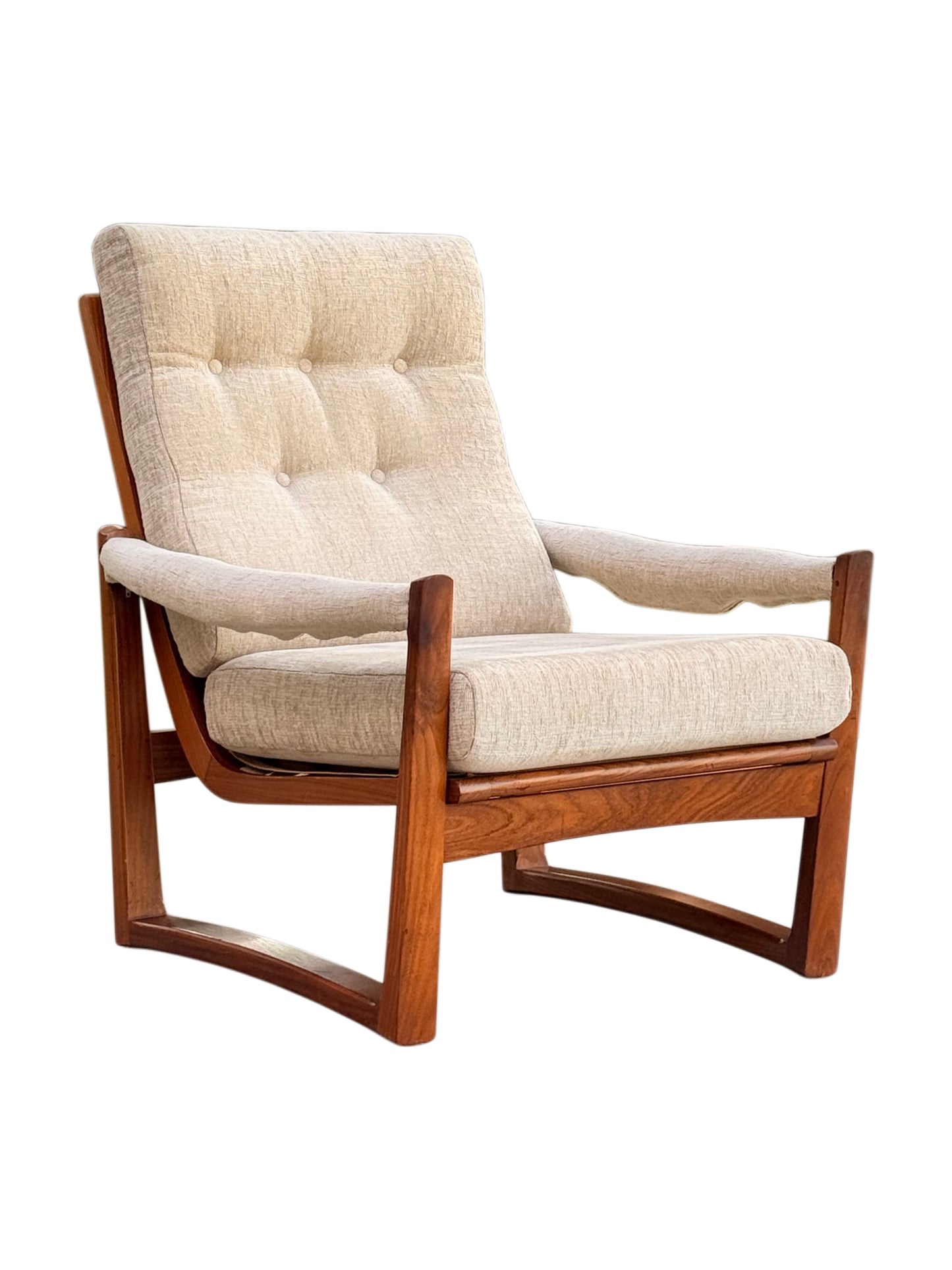 Pair Guy Rogers Virginia Armchairs Afromosia Teak Beige