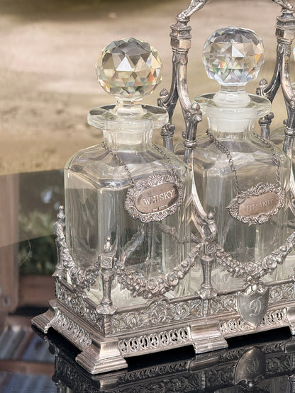 Exceptional Antique Silver-Plated Tantalus Decanter Set with Cut Crystal Bottles | Victorian English Barware, Circa 1880