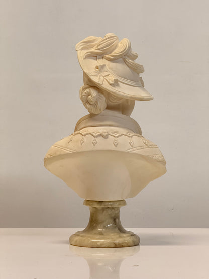 Arnaldo Giannelli 1980 Signed Composite Marble Bust Lady with Plumed Hat - Italian.