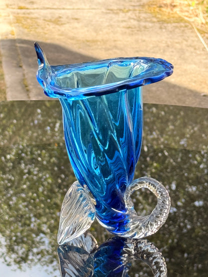 Exceptional Murano Glass Cornucopia Vase – Hand-Blown Italian Art Glass in Blue & Clear | Venetian Luxury Decor