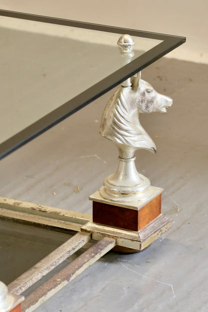 French Mid Century Modern Maison Charles Silvered Brass Cheval Horse Head Coffee Table