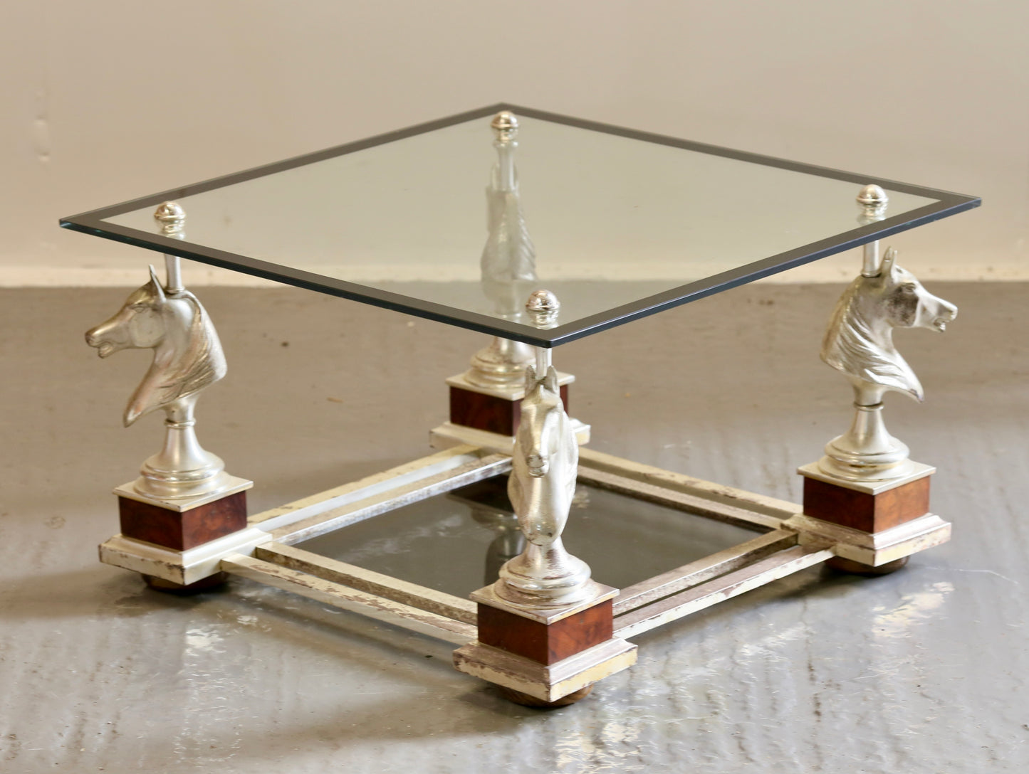 French Mid Century Modern Maison Charles Silvered Brass Cheval Horse Head Coffee Table