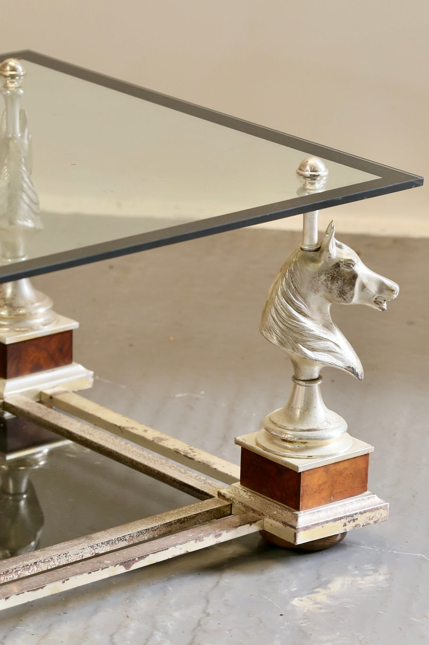 French Mid Century Modern Maison Charles Silvered Brass Cheval Horse Head Coffee Table