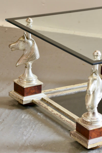 French Mid Century Modern Maison Charles Silvered Brass Cheval Horse Head Coffee Table