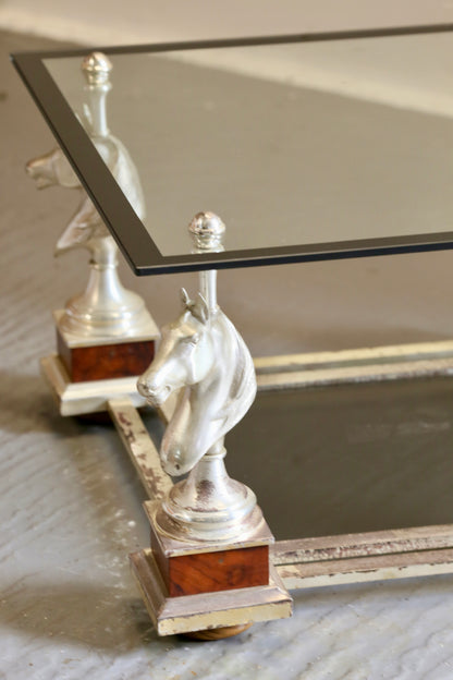 French Mid Century Modern Maison Charles Silvered Brass Cheval Horse Head Coffee Table