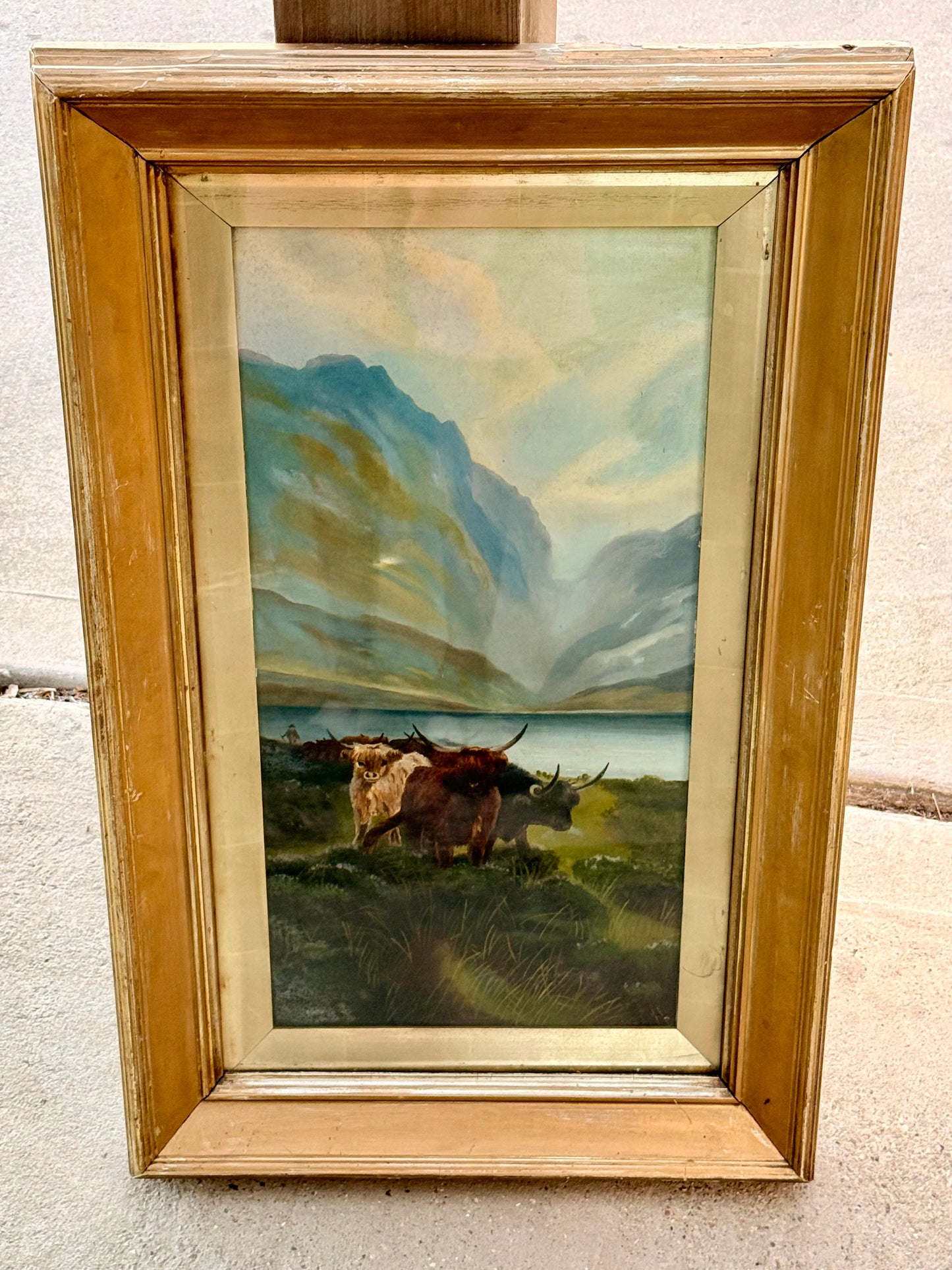 19th-Century Highland Cattle & Loch Landscape Oil Painting