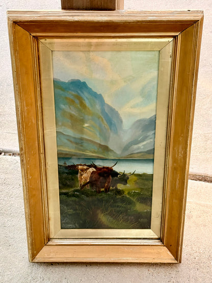 19th-Century Highland Cattle & Loch Landscape Oil Painting