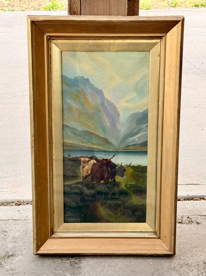 19th-Century Highland Cattle & Loch Landscape Oil Painting