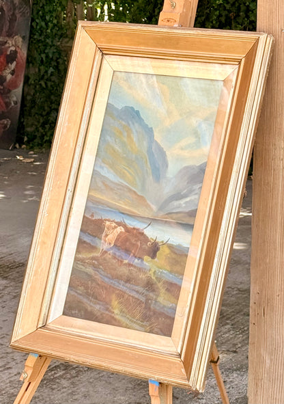 19th-Century Highland Cattle & Loch Landscape Oil Painting