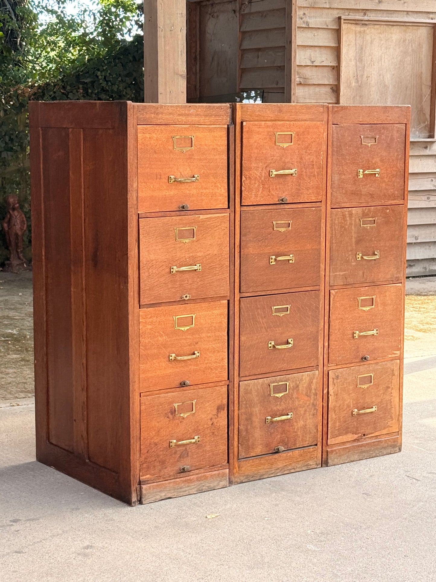 Vintage Oak Storage Cabinets Bank of 3 Filing Drawers Brass Handles Industrial