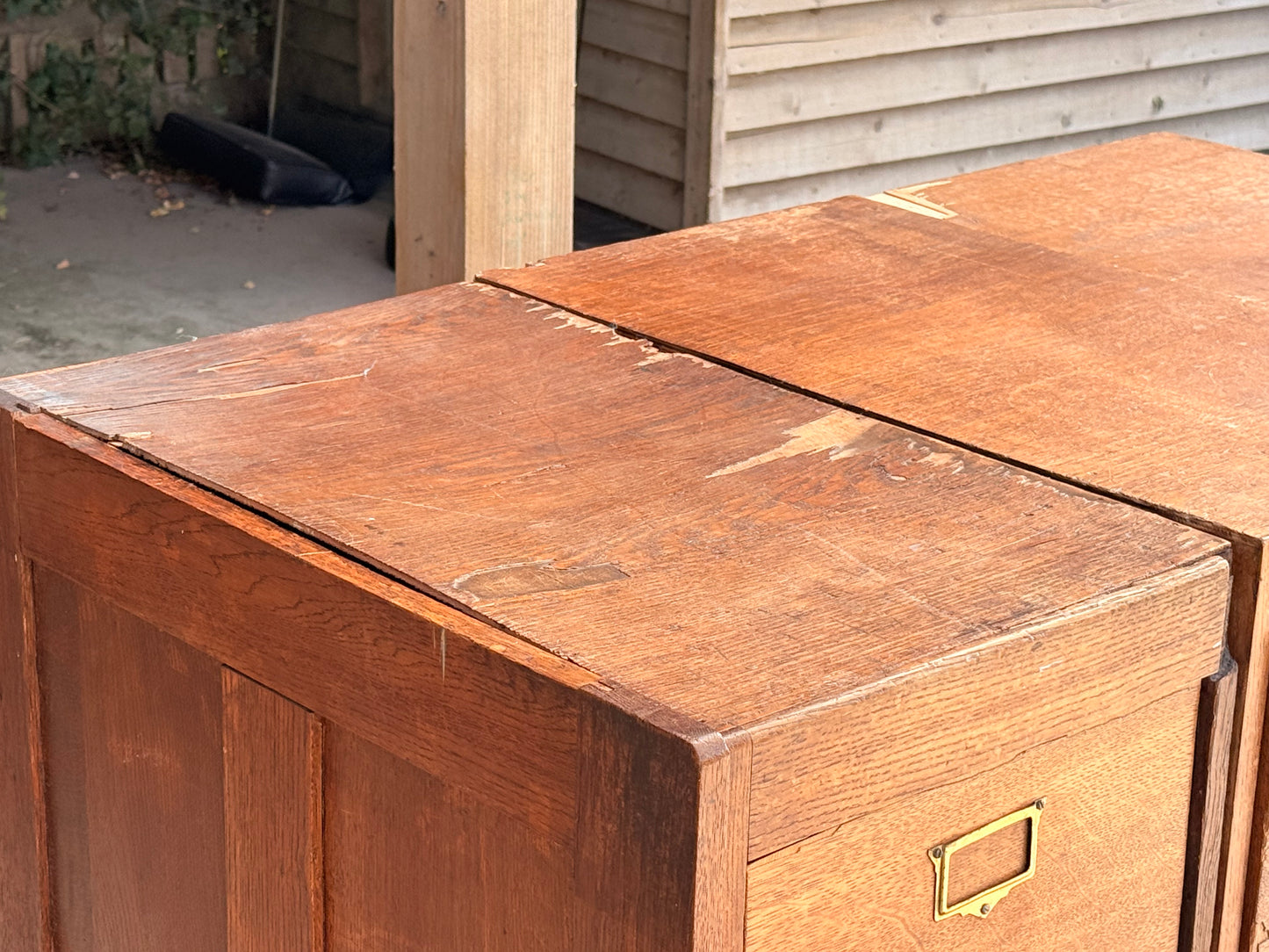 Vintage Oak Storage Cabinets Bank of 3 Filing Drawers Brass Handles Industrial