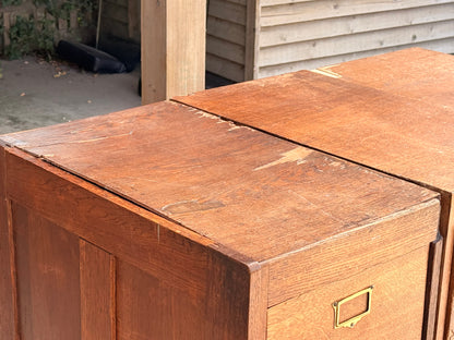 Vintage Oak Storage Cabinets Bank of 3 Filing Drawers Brass Handles Industrial
