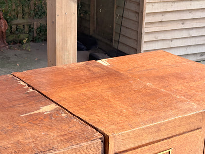 Vintage Oak Storage Cabinets Bank of 3 Filing Drawers Brass Handles Industrial
