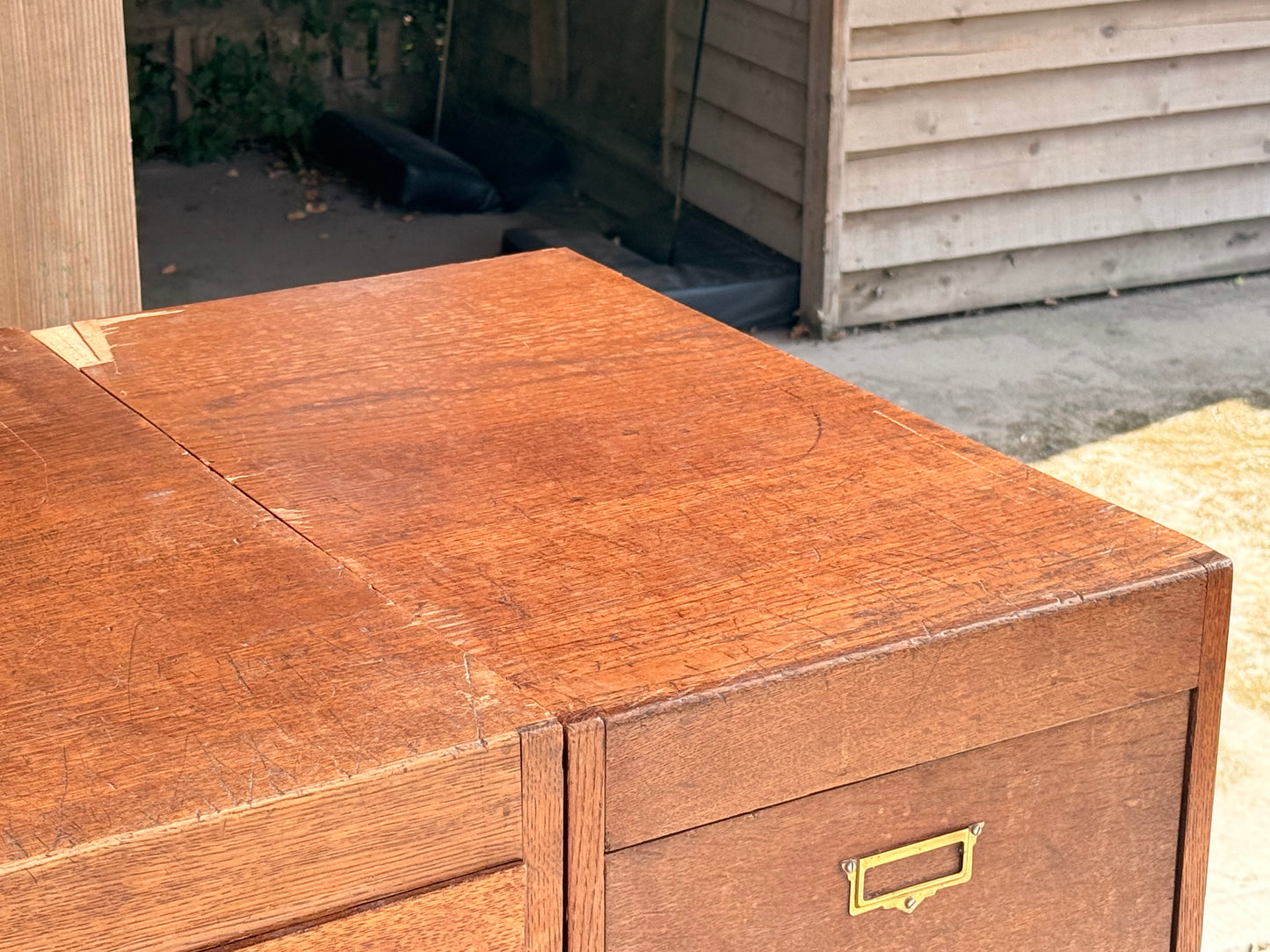 Vintage Oak Storage Cabinets Bank of 3 Filing Drawers Brass Handles Industrial