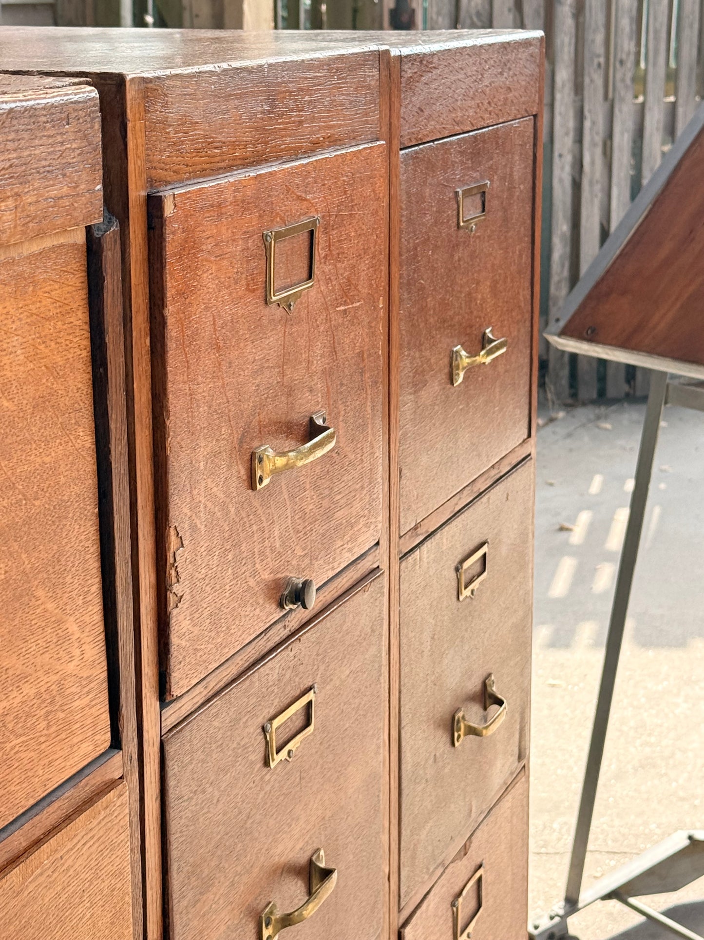 Vintage Oak Storage Cabinets Bank of 3 Filing Drawers Brass Handles Industrial