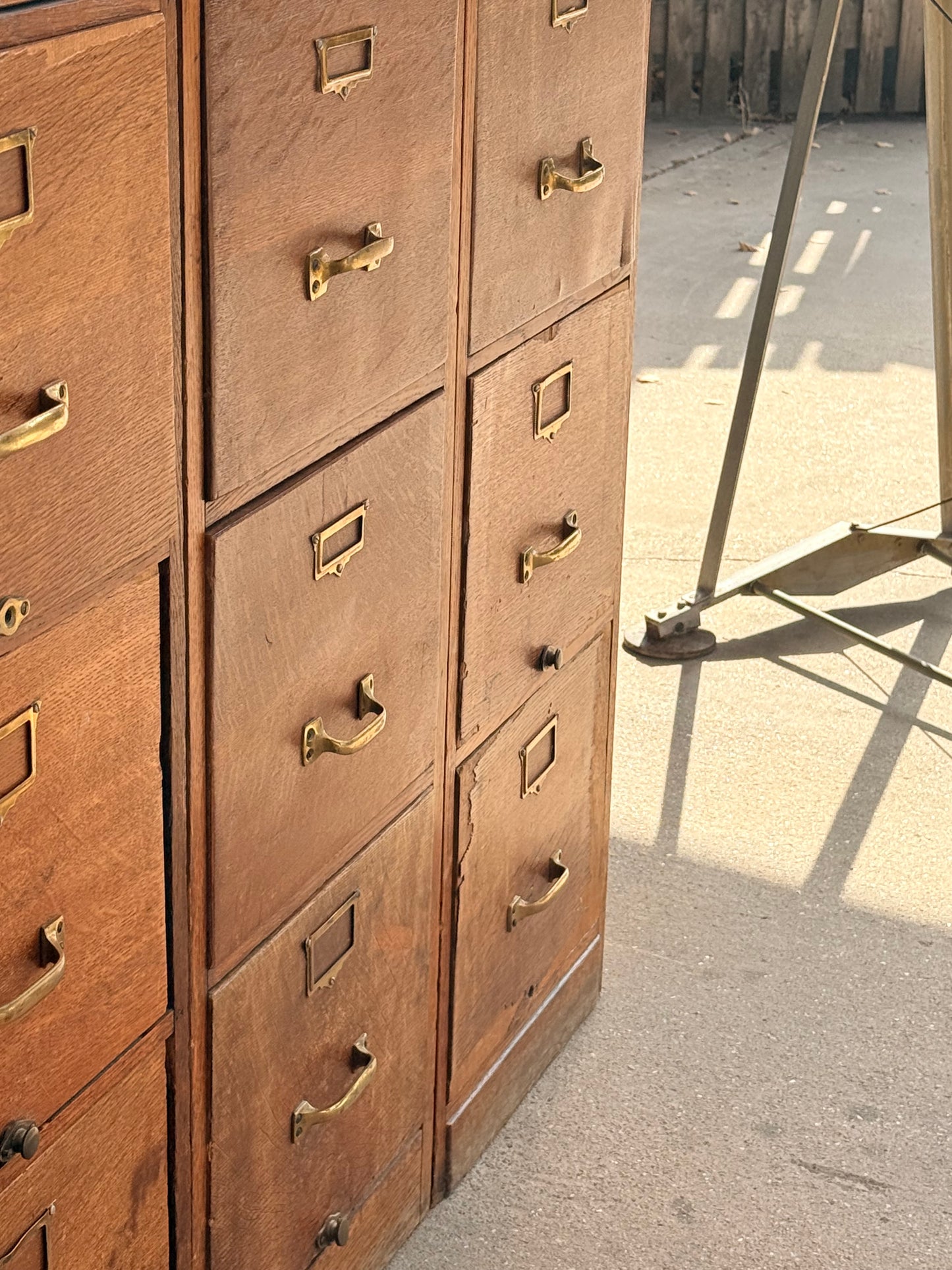 Vintage Oak Storage Cabinets Bank of 3 Filing Drawers Brass Handles Industrial