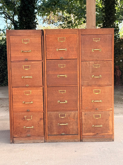 Vintage Oak Storage Cabinets Bank of 3 Filing Drawers Brass Handles Industrial