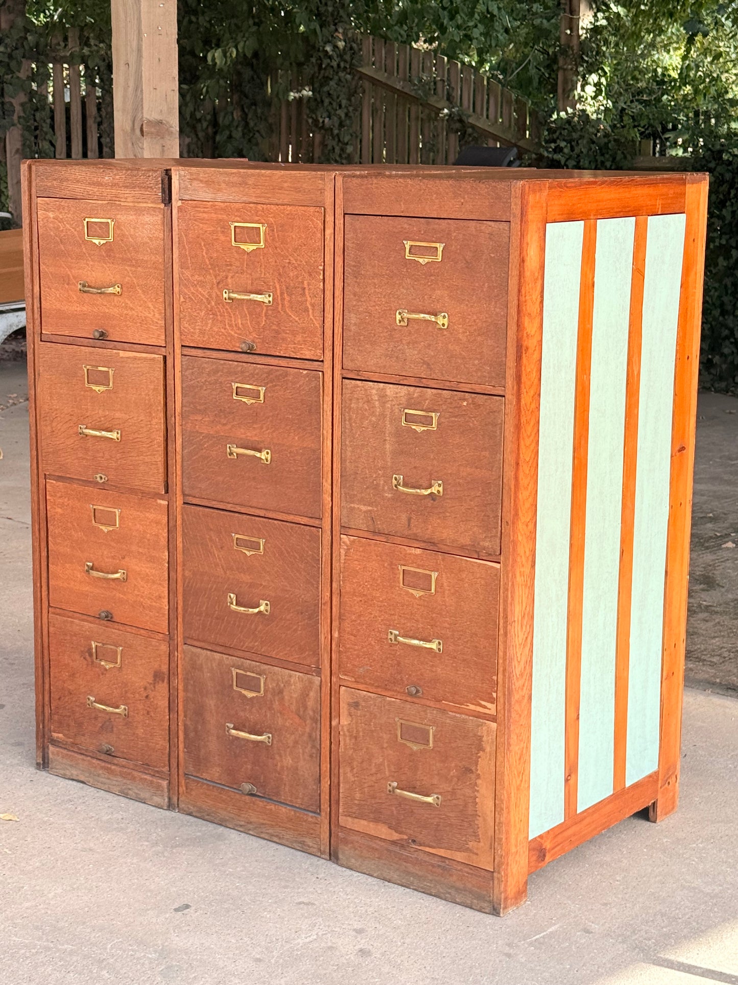 Vintage Oak Storage Cabinets Bank of 3 Filing Drawers Brass Handles Industrial