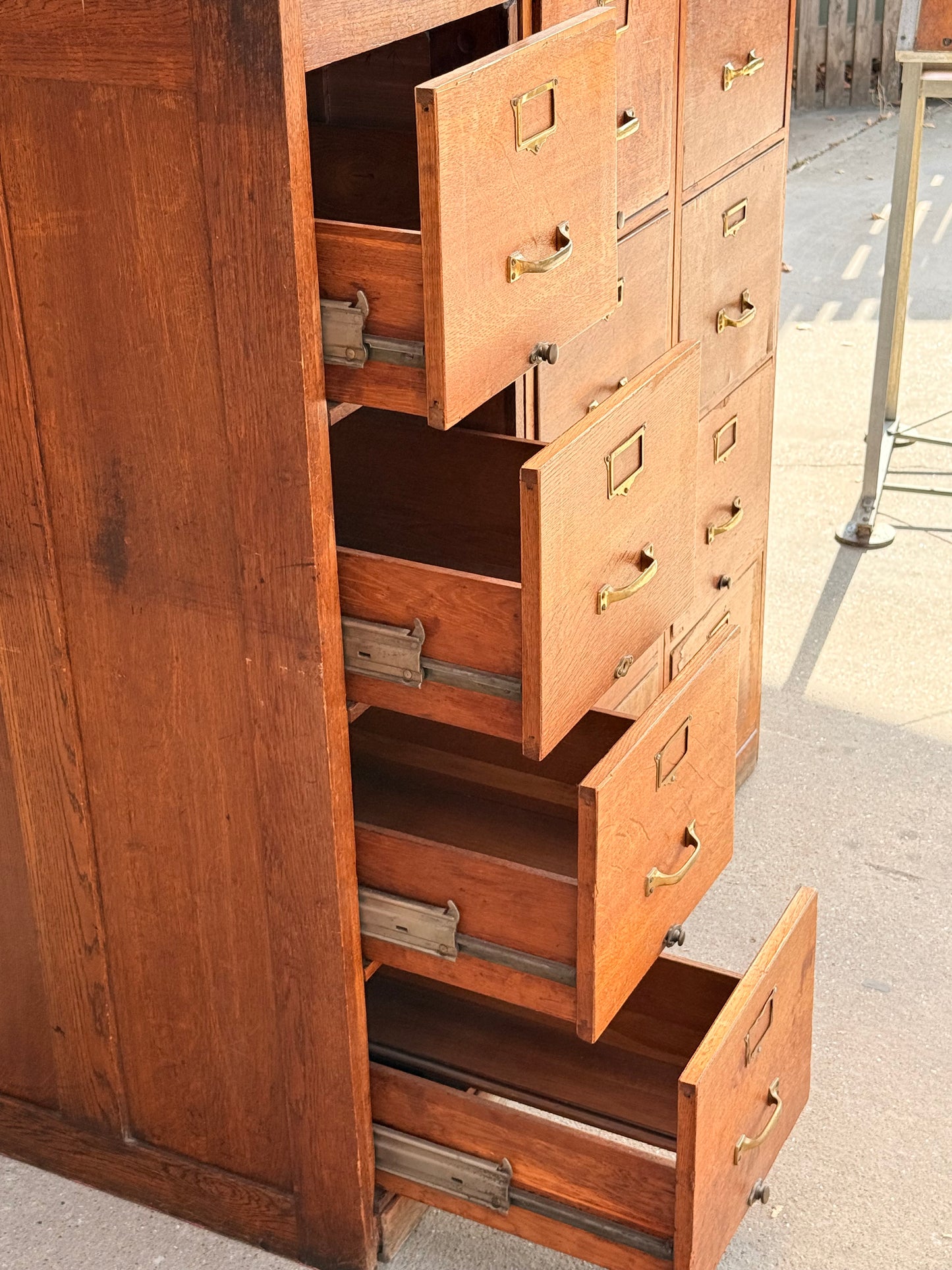Vintage Oak Storage Cabinets Bank of 3 Filing Drawers Brass Handles Industrial