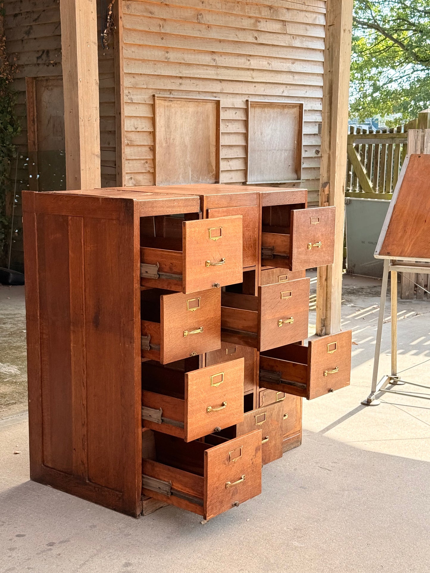 Vintage Oak Storage Cabinets Bank of 3 Filing Drawers Brass Handles Industrial