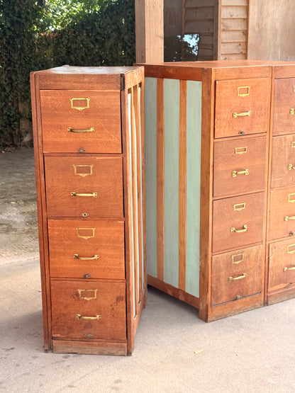 Vintage Oak Storage Cabinets Bank of 3 Filing Drawers Brass Handles Industrial