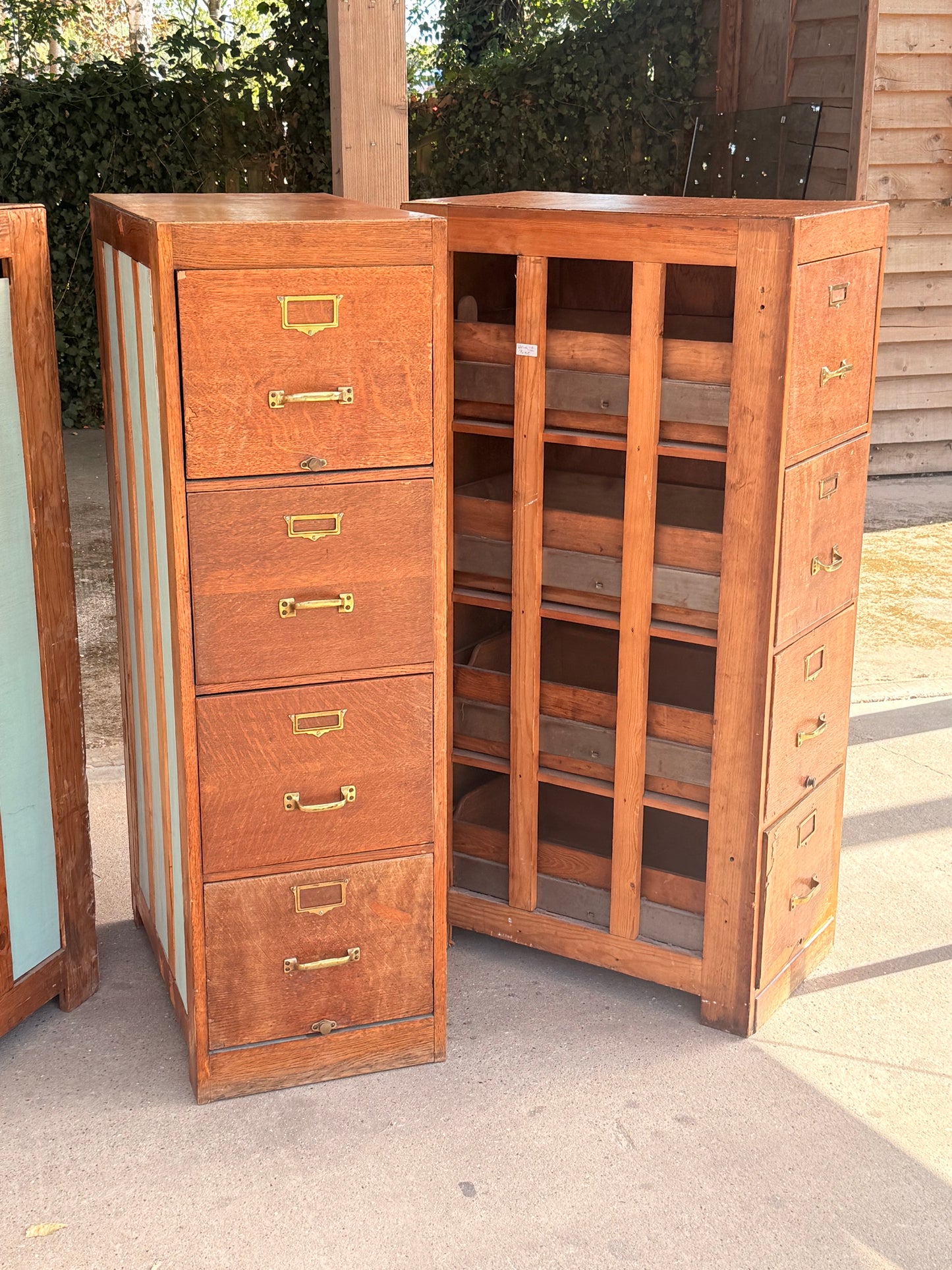 Vintage Oak Storage Cabinets Bank of 3 Filing Drawers Brass Handles Industrial