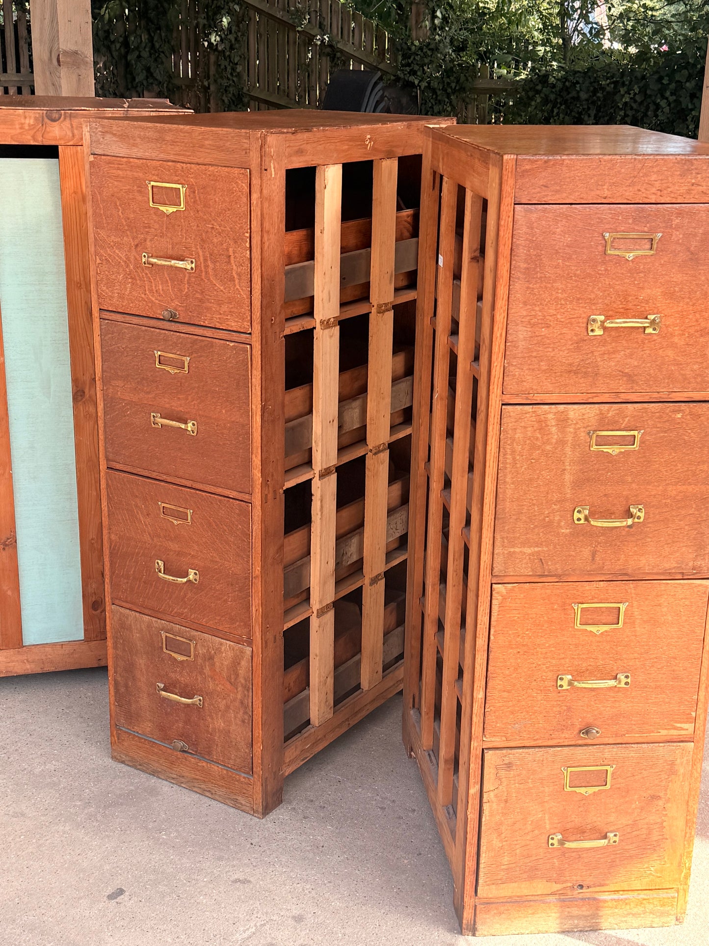 Vintage Oak Storage Cabinets Bank of 3 Filing Drawers Brass Handles Industrial