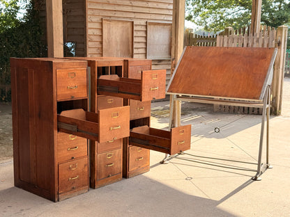 Vintage Oak Storage Cabinets Bank of 3 Filing Drawers Brass Handles Industrial