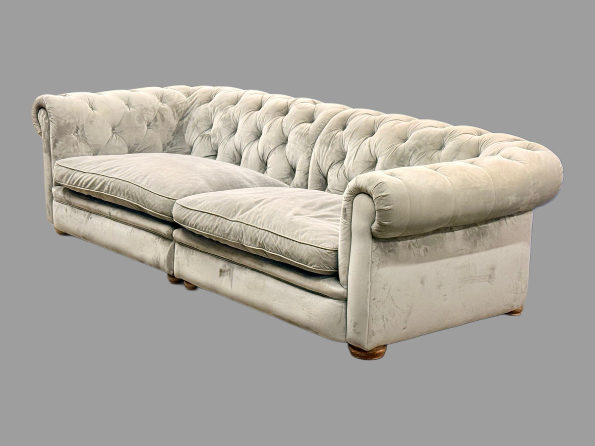 Alexander & James Retreat Midi split Chesterfield sofa in grey velvet with deep-buttoned back and arms