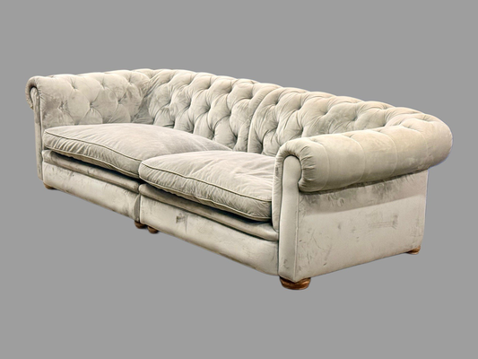 Alexander & James Retreat Midi split Chesterfield sofa in grey velvet with deep-buttoned back and arms