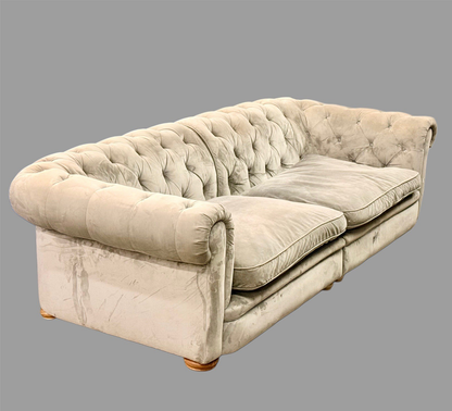 Alexander & James grey velvet Chesterfield sofa, three-quarter view