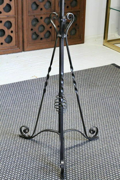 Arts & Crafts wrought iron floor lamp, tripod base with twisted iron supports